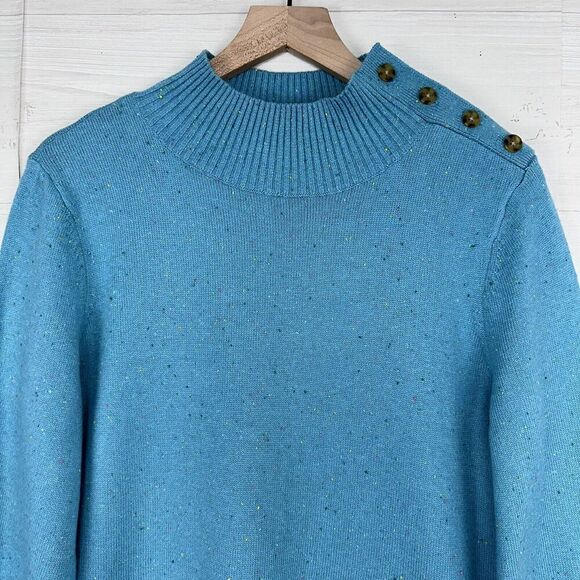 Talbots Mock Neck Sweater Dress Size Medium Aqua Blue Speckled Shoulder Buttons - Picture 3 of 15
